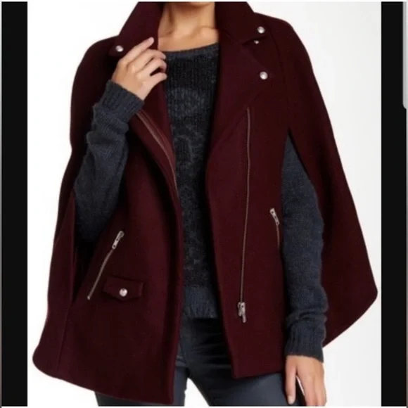 The Kooples Burgundy Moto Cape Coat Jacket - Picture 3 of 16